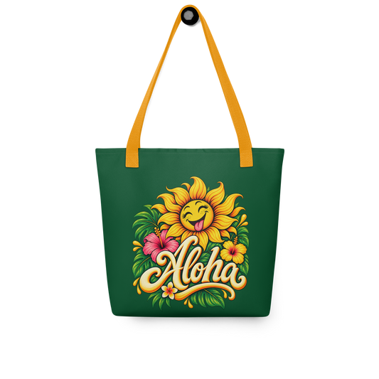 Waldgrüner Stoffbeutel mit lachender Sonnenblumen und bunten Blumen und tropischen Blättern mit dem Schriftzug Aloha bedruckt und orangem Henkel