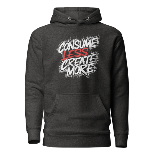 Dunkelgrauer Unisex Hoodie mit Consume Less, Create More Schriftzug im Streetart Style