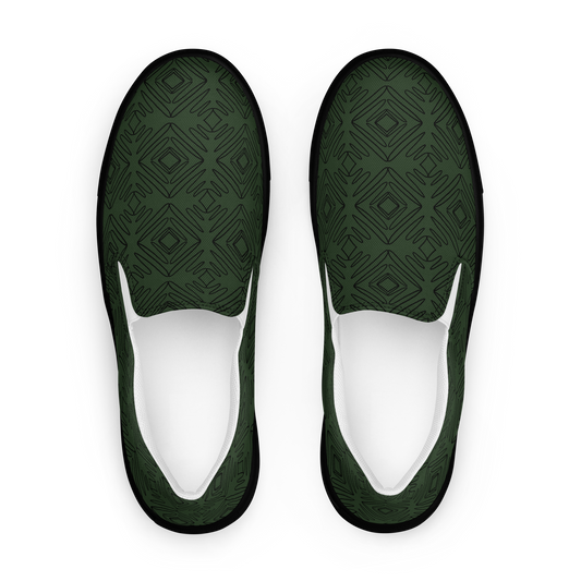 Obenansicht Herren Slipper in dunklem grün mit geometrischen schwarzen Linien
