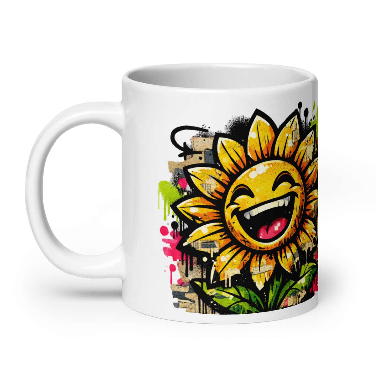 Weiße Tasse mit lachender Sonnenblume Motiv im Streetart Style, Seitenansicht Links