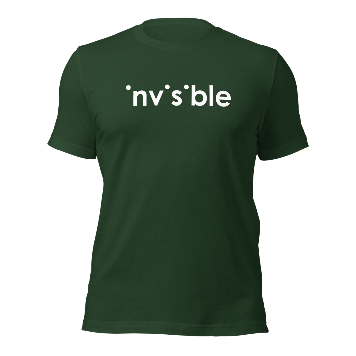 Waldgrünes Unisex T-Shirt mit weißem Invisible Schriftzug, bei dem die i-Punkte fehlen Brustprint