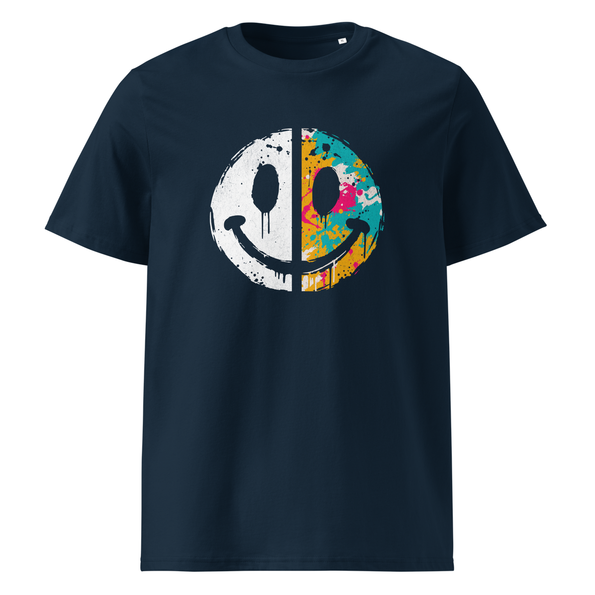 Dunkelblaues T-Shirt mit einem Smiley das halb weiß und halb bunt ist