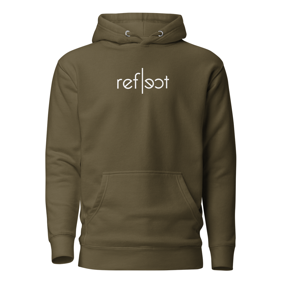 Militär grüner Unisex Hoodie mit weißem reflect Schriftzug, Brustprint