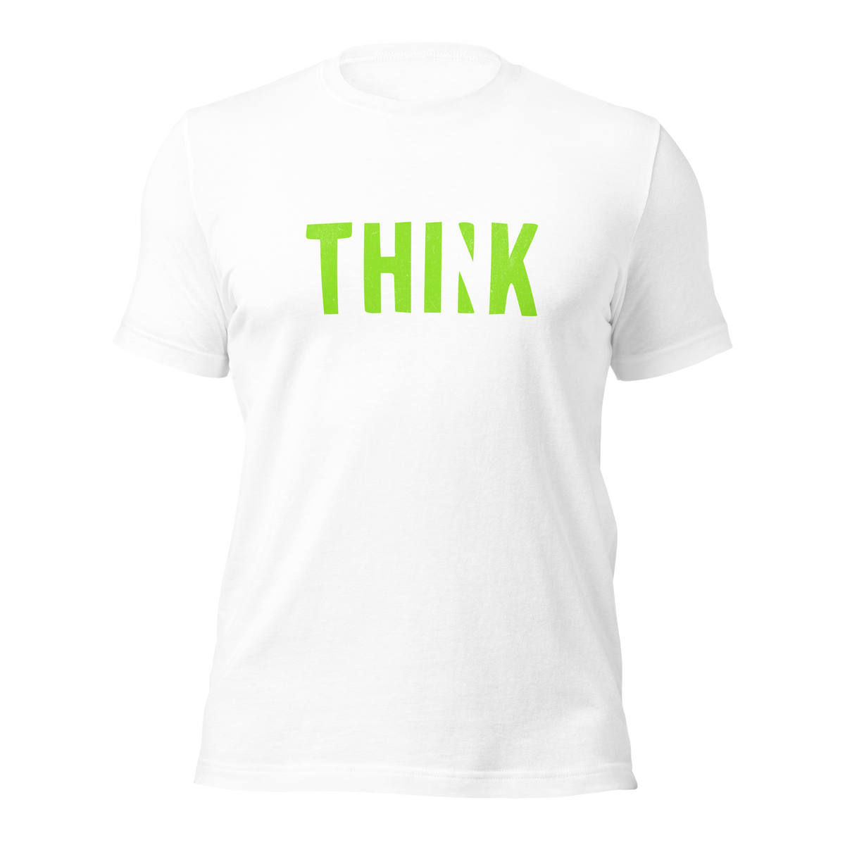 Weißes Unisex T-Shirt mit grünem THINK Print bei dem das N ausgeschnitten ist