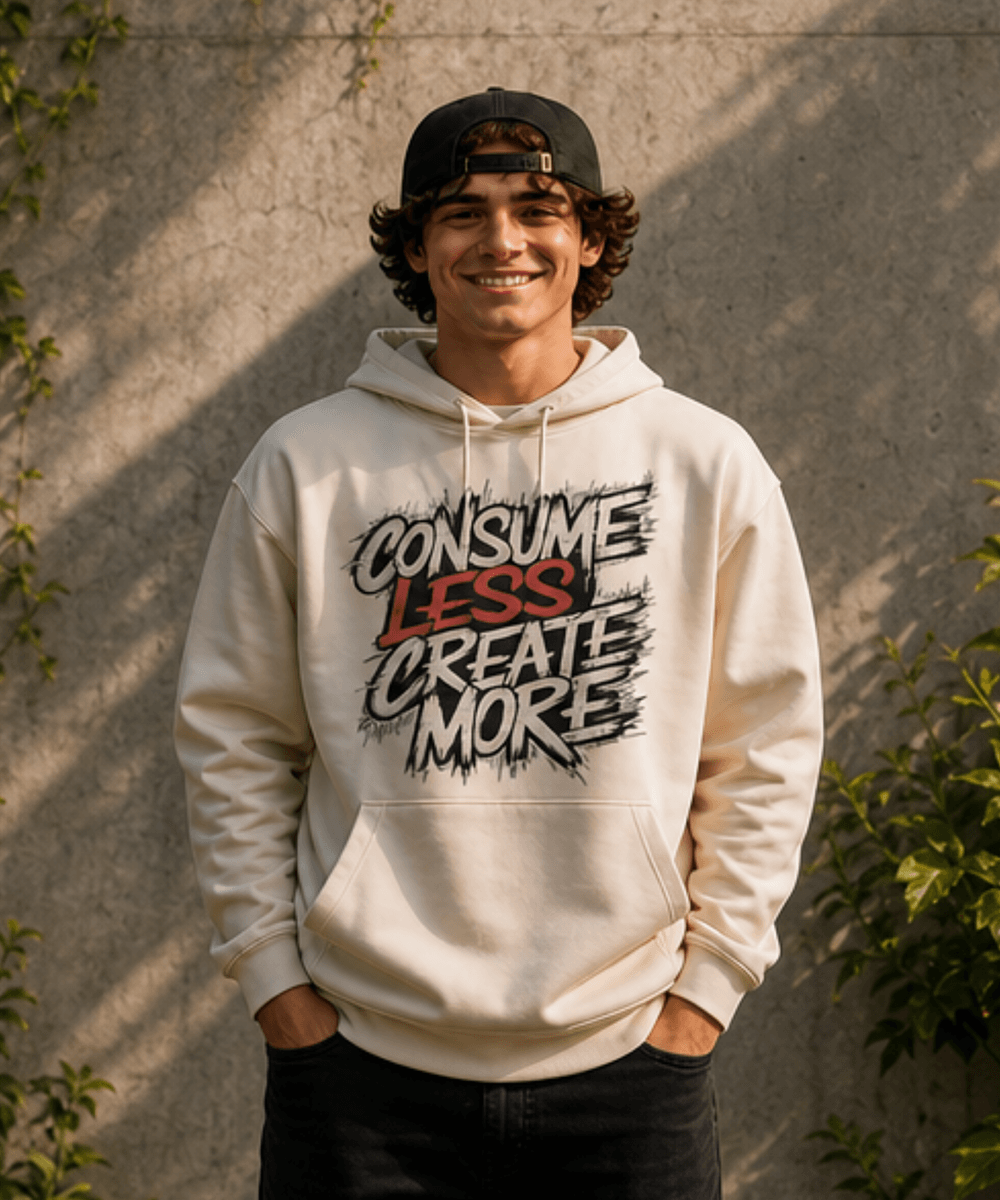 Eine Frau am Strand trägt einen weißen Hoodie mit einem Flamingo Print und den Worten "Glow with the Flow"