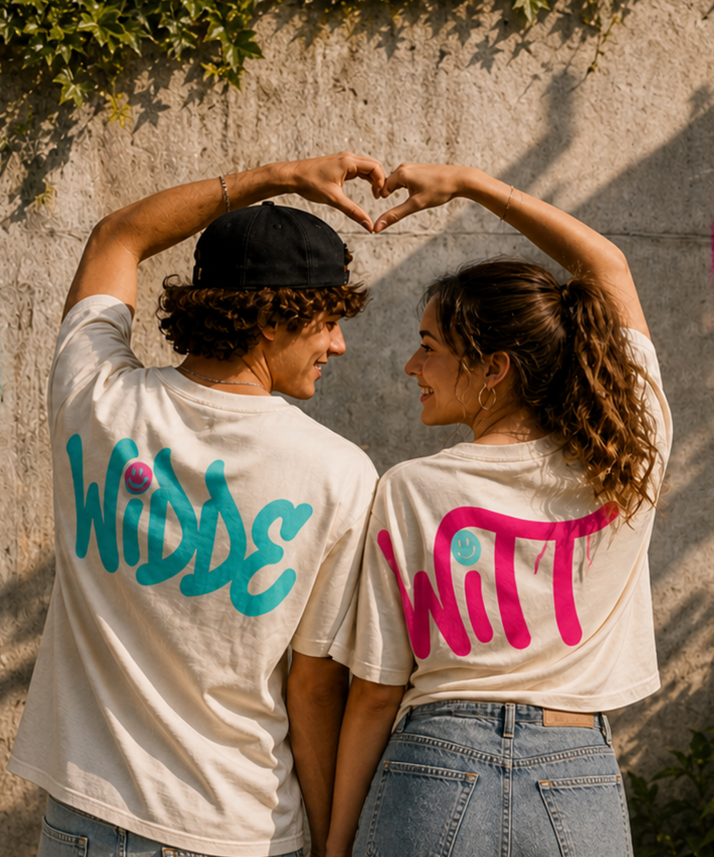 Zwei T-Shirts mit passendem Schach Dame und König-Print im Partnerlook
