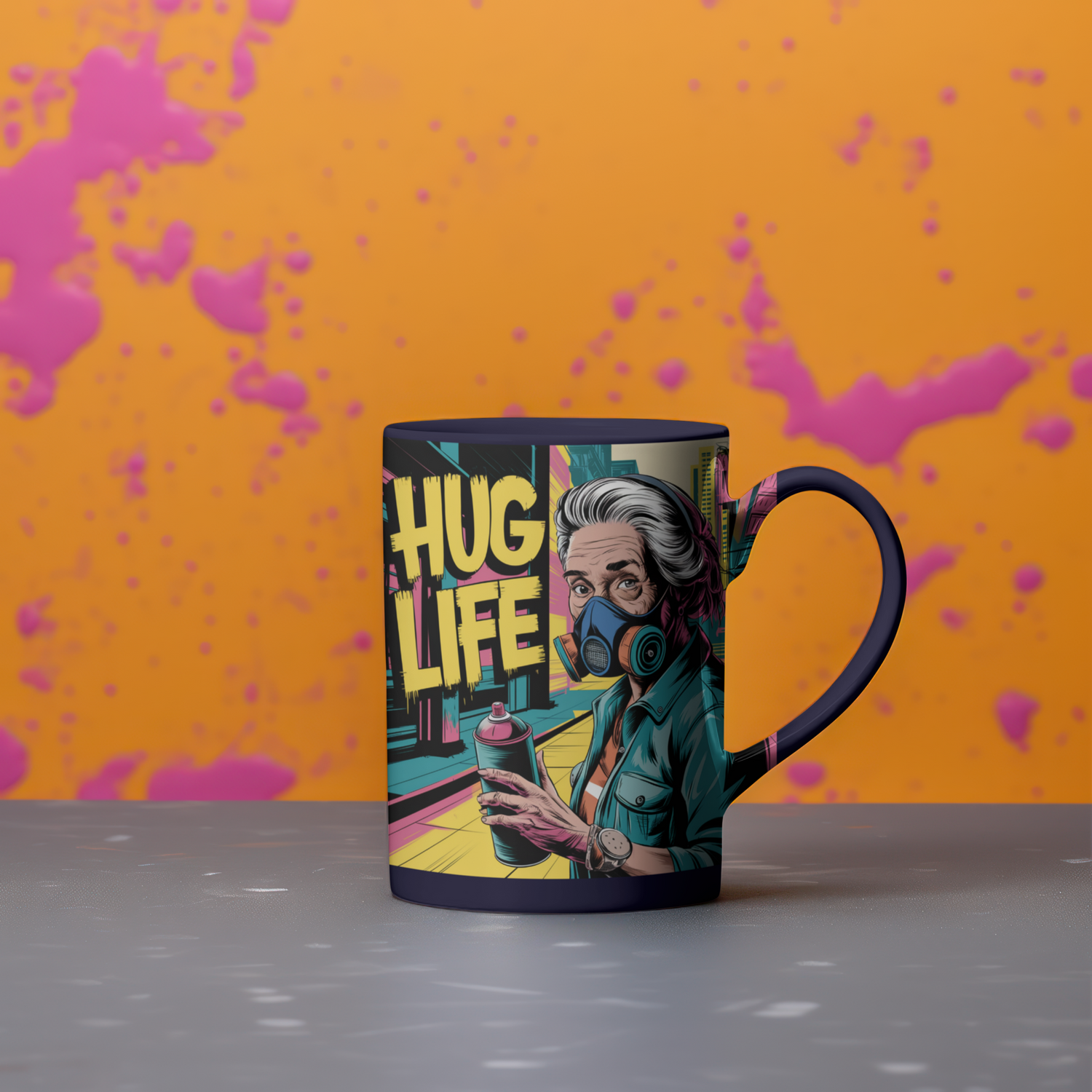 Eine Tasse mit einem "THUG LIFE" Motiv und einer Oma mit Spraydose