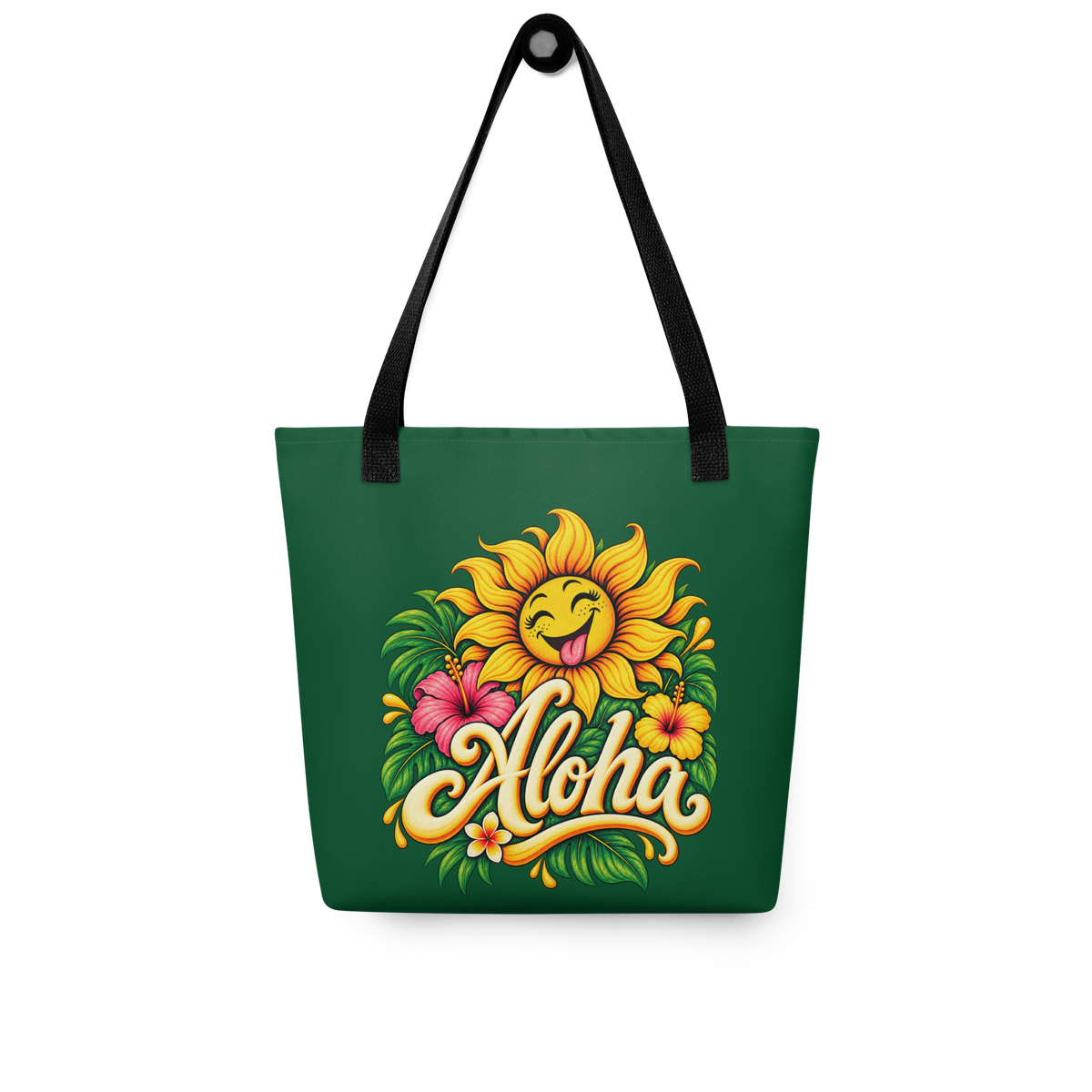 Waldgrüner Stoffbeutel mit lachender Sonnenblumen und bunten Blumen und tropischen Blättern mit dem Schriftzug Aloha bedruckt und schwarzem Henkel