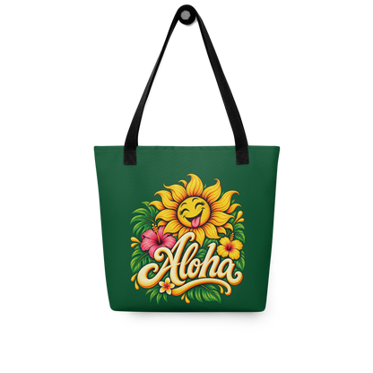 Waldgrüner Stoffbeutel mit lachender Sonnenblumen und bunten Blumen und tropischen Blättern mit dem Schriftzug Aloha bedruckt und schwarzem Henkel