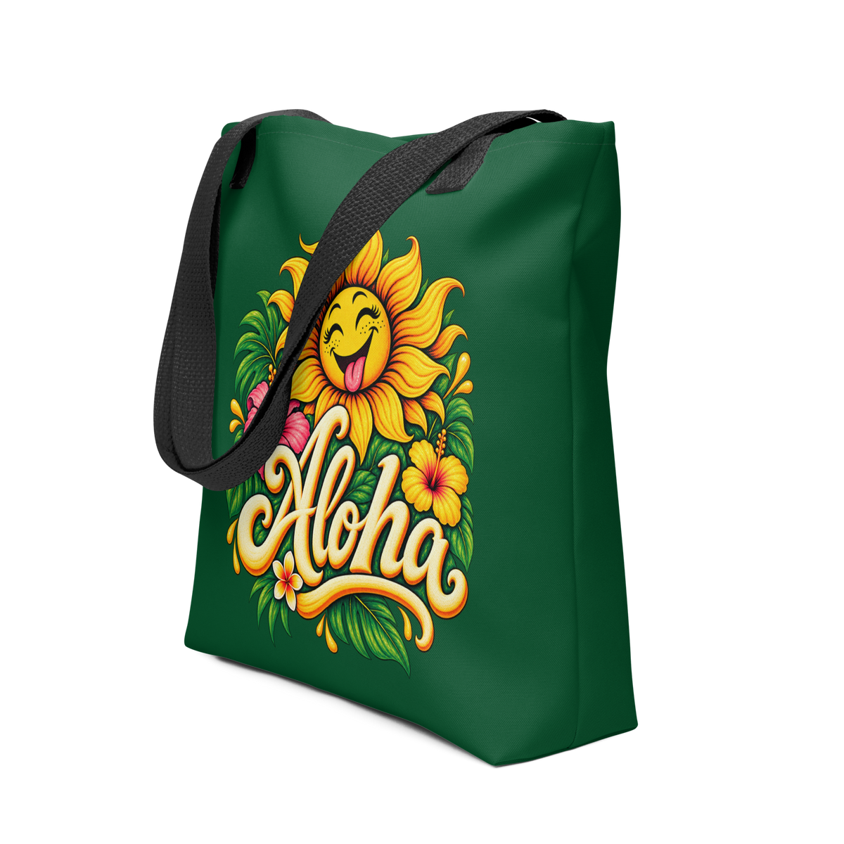 Seitenansicht Waldgrüner Stoffbeutel mit lachender Sonnenblumen und bunten Blumen und tropischen Blättern mit dem Schriftzug Aloha bedruckt und schwarzem Henkel