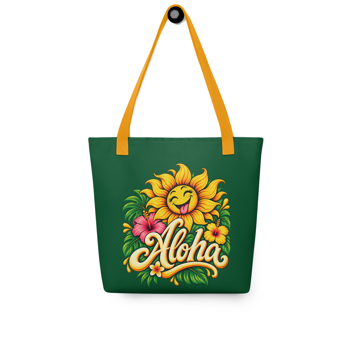 Waldgrüner Stoffbeutel mit lachender Sonnenblumen und bunten Blumen und tropischen Blättern mit dem Schriftzug Aloha bedruckt und orangem Henkel