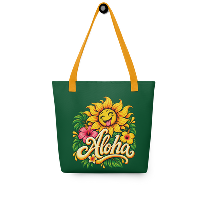 Waldgrüner Stoffbeutel mit lachender Sonnenblumen und bunten Blumen und tropischen Blättern mit dem Schriftzug Aloha bedruckt und orangem Henkel