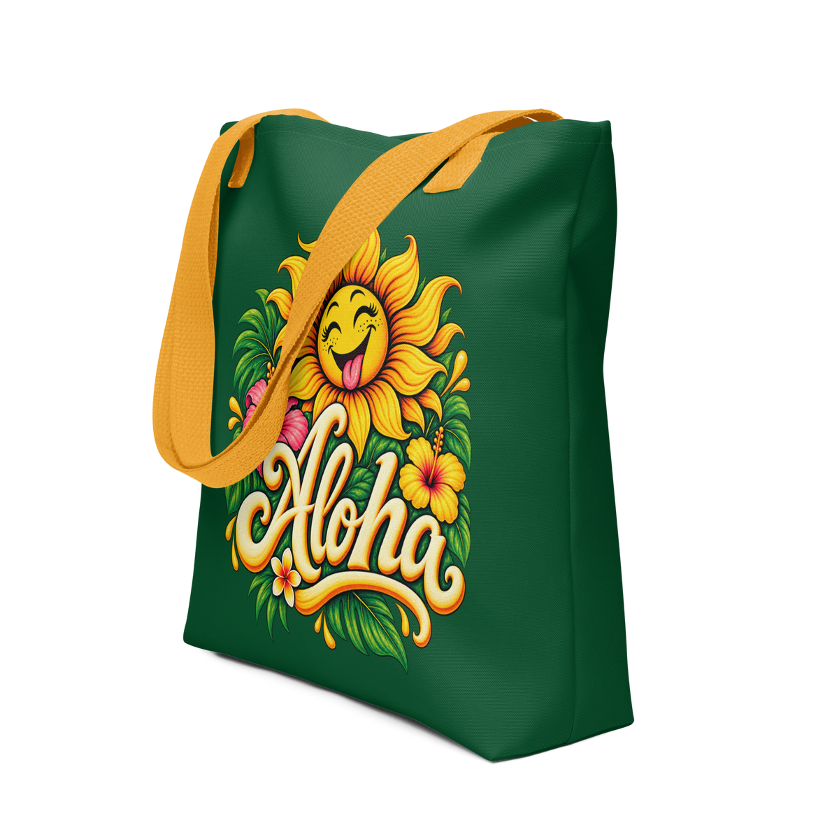 Seitenansicht Waldgrüner Stoffbeutel mit lachender Sonnenblumen und bunten Blumen und tropischen Blättern mit dem Schriftzug Aloha bedruckt und orangem Henkel