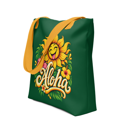 Seitenansicht Waldgrüner Stoffbeutel mit lachender Sonnenblumen und bunten Blumen und tropischen Blättern mit dem Schriftzug Aloha bedruckt und orangem Henkel