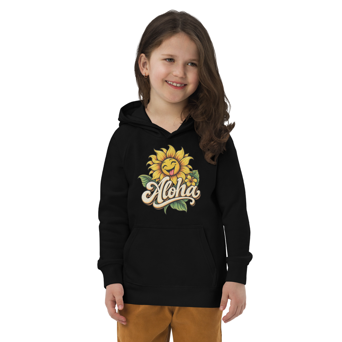 Mädchen trägt schwarzen Kapuzenpullover mit lachender Sonnenblume und dem Schriftzug Aloha bedruckt