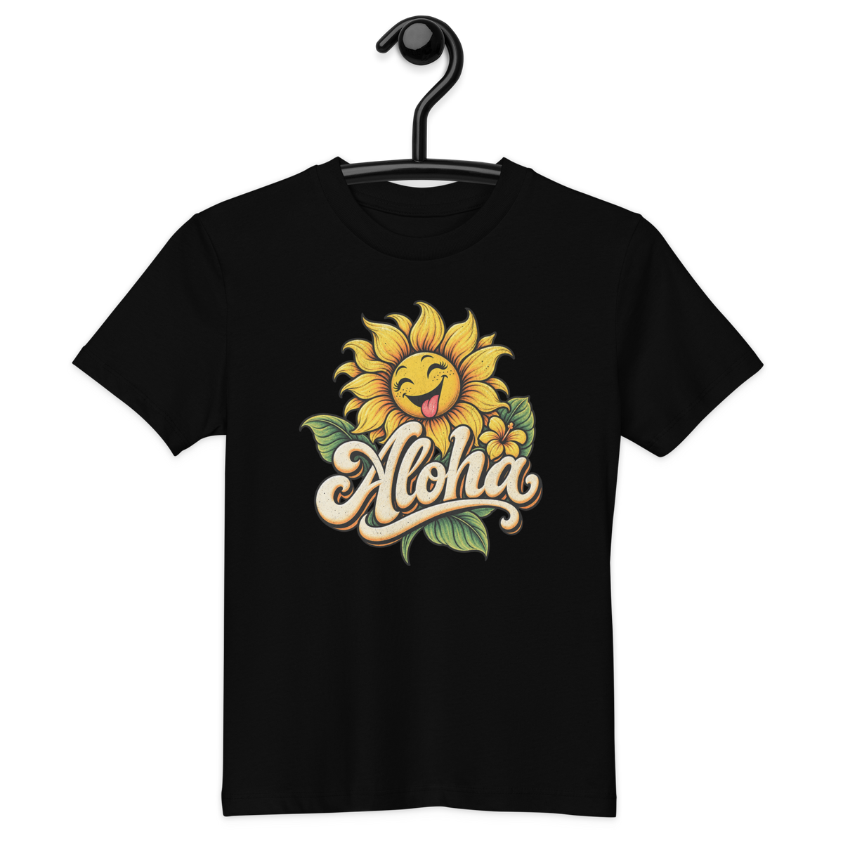 Schwarzes T-Shirt mit lachender Sonnenblume und dem Schriftzug Aloha