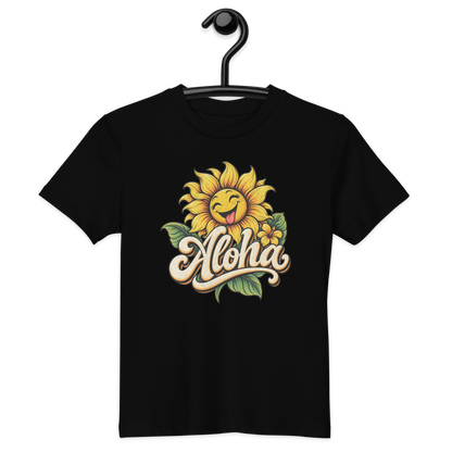 Schwarzes T-Shirt mit lachender Sonnenblume und dem Schriftzug Aloha