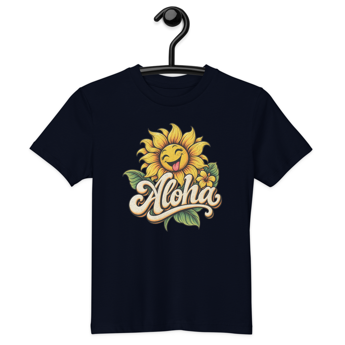 Dunkelblaues T-Shirt mit lachender Sonnenblume und dem Schriftzug Aloha