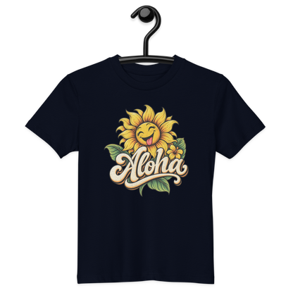 Dunkelblaues T-Shirt mit lachender Sonnenblume und dem Schriftzug Aloha