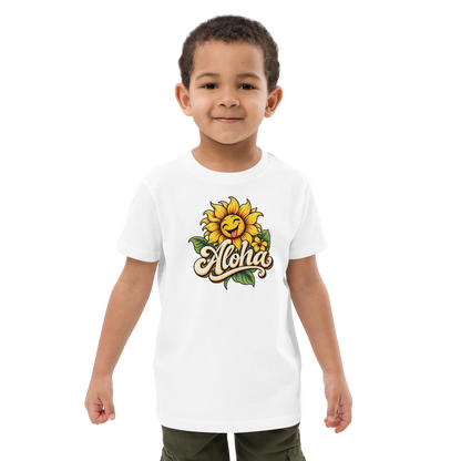 Junge trägt ein weißes T-Shirt mit lachender Sonnenblume und dem Schriftzug Aloha