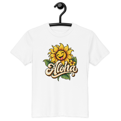 Weißes T-Shirt mit lachender Sonnenblume und dem Schriftzug Aloha