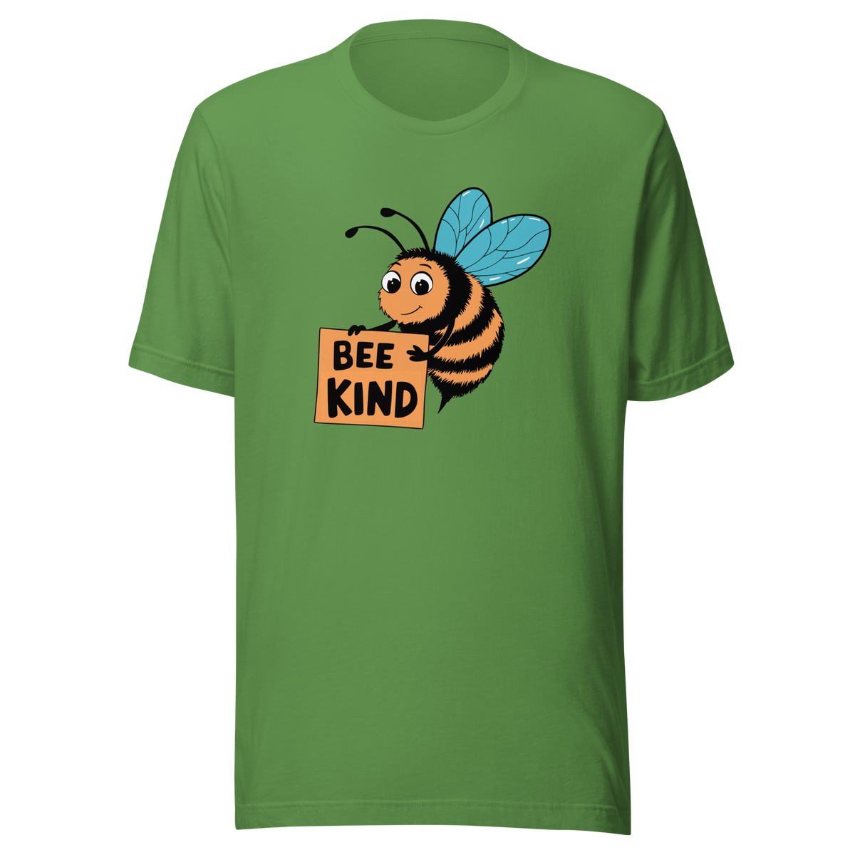 Grünes Unisex T-Shirt mit Biene die ein Schild hält mit BEE KIND Schriftzug