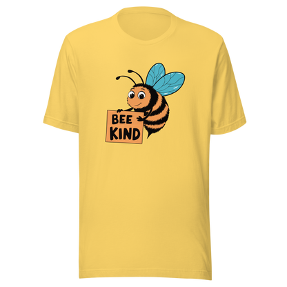 Gelbes Unisex T-Shirt mit Biene die ein Schild hält mit BEE KIND Schriftzug