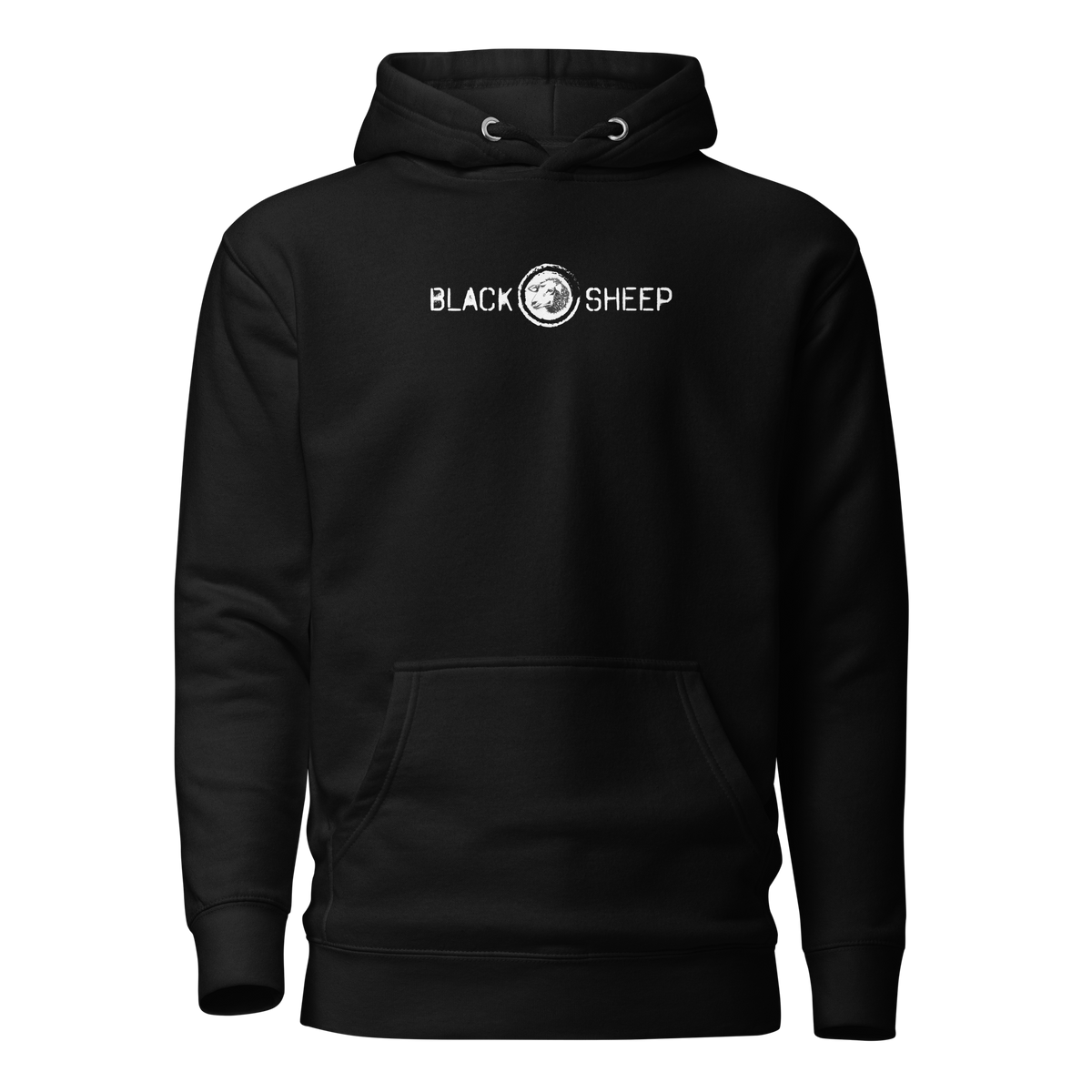 Schwarzer Unisex Hoodie mit Black Sheep Schriftzug und kleinem Schafskopf auf Brusthöhe