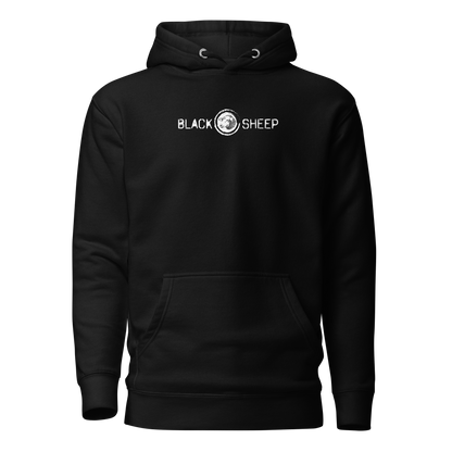 Schwarzer Unisex Hoodie mit Black Sheep Schriftzug und kleinem Schafskopf auf Brusthöhe