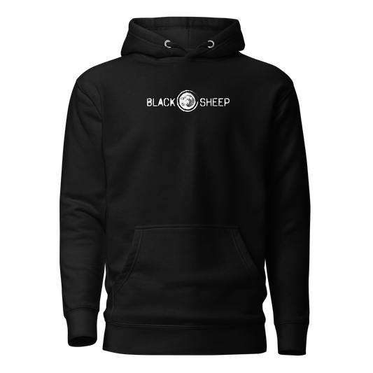 Schwarzer Unisex Hoodie mit Black Sheep Schriftzug und kleinem Schafskopf auf Brusthöhe