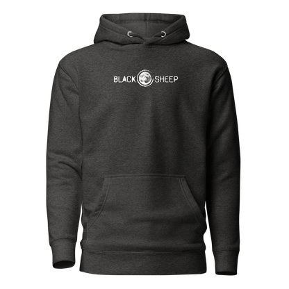 Heather grauer Unisex Hoodie mit Black Sheep Schriftzug und kleinem Schafskopf auf Brusthöhe
