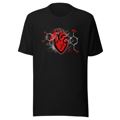 Schwarzes T-Shirt mit Herz Print und der chemischen Verbindung von Liebe im Streetart Style
