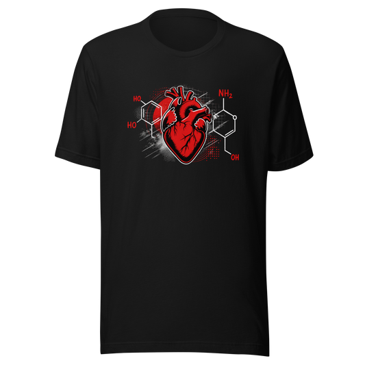 Schwarzes T-Shirt mit Herz Print und der chemischen Verbindung von Liebe im Streetart Style