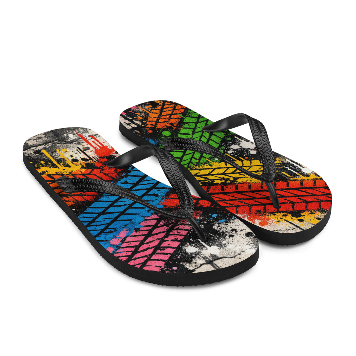 Flip Flops mit bunten Reifenspuren im Streetart Style bedruckt