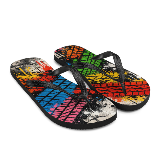 Flip Flops mit bunten Reifenspuren im Streetart Style bedruckt