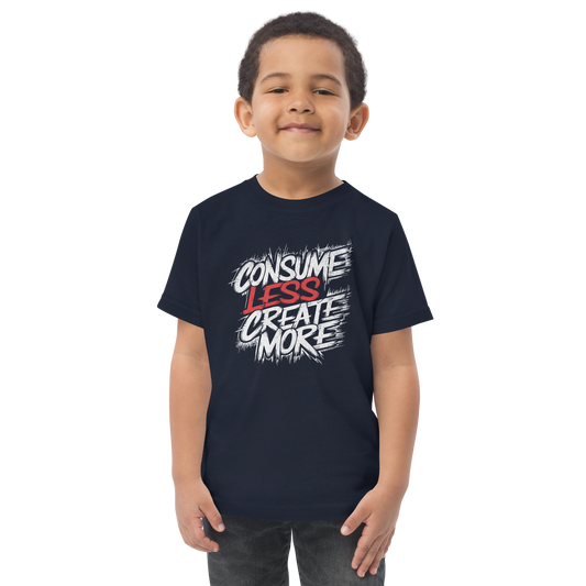 Junge trägt navy Kinder T-Shirt mit   Consume Less, Create More Schriftzug im Streetart Style