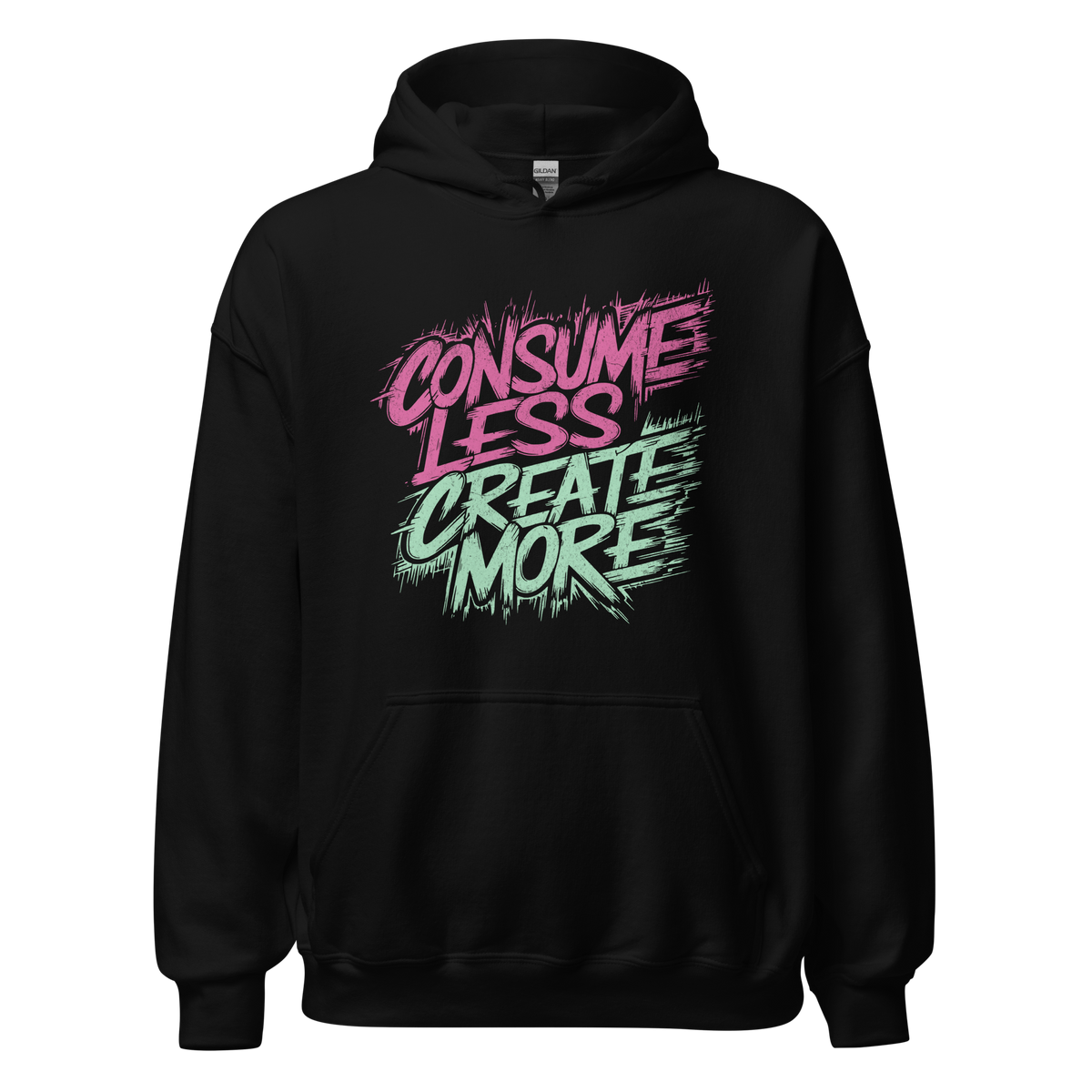 Schwarzer Unisex Pullover mit Consume Less, Create More Print