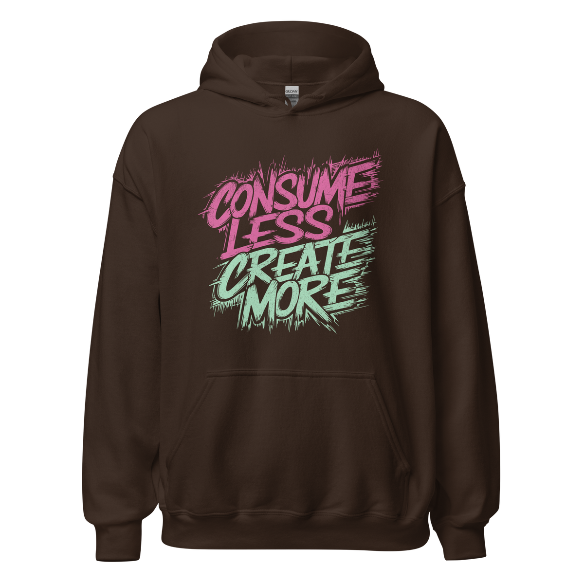 Braunes Unisex Pullover mit Consume Less, Create More Print