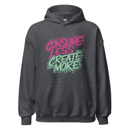 Grauer Heather Unisex Pullover mit Consume Less, Create More Print