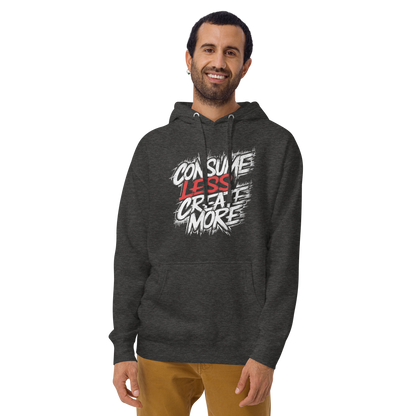 Mann trägt dunkelgrauen heather Unisex Hoodie mit   Consume Less, Create More Schriftzug im Streetart Style