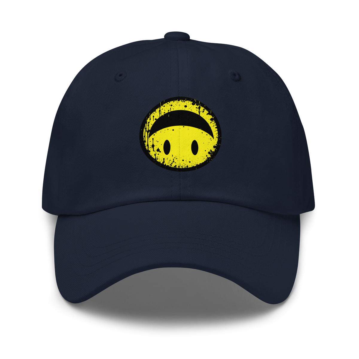 Navy Cap mit gelbem Smiley das auf dem Kopf steht Print