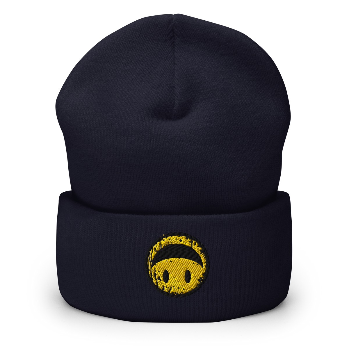 Navy Beanie mit gelbem Smiley das auf dem Kopf steht bestickt