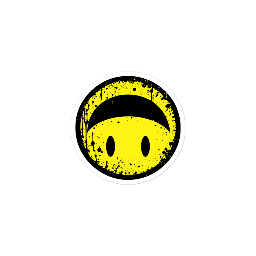 Runder Sticker mit gelbem Smiley das auf dem Kopf steht 3x3