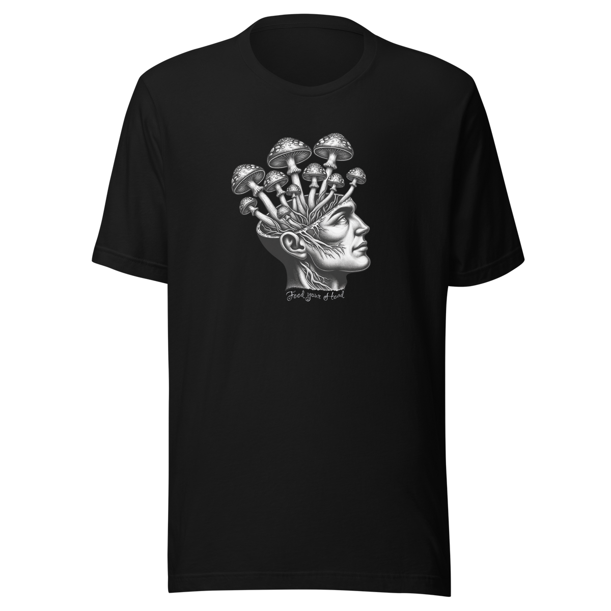 Schwarzes T-Shirt mit Kopf aus dem Pilze wachsen und Feed Your Head Schriftzug