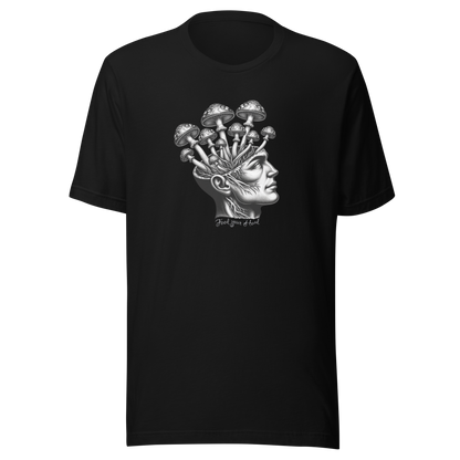 Schwarzes T-Shirt mit Kopf aus dem Pilze wachsen und Feed Your Head Schriftzug