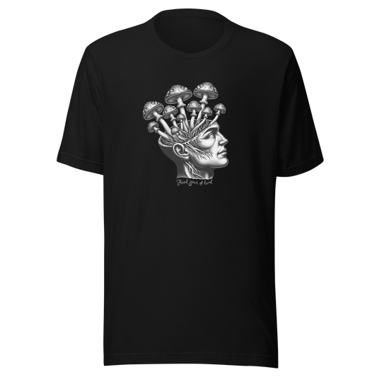 Schwarzes T-Shirt mit Kopf aus dem Pilze wachsen und Feed Your Head Schriftzug