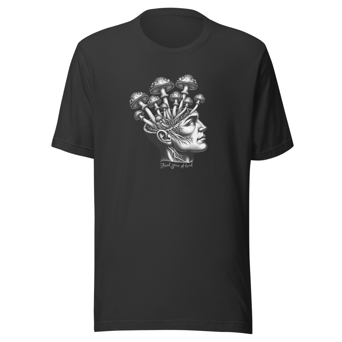 Graues T-Shirt mit Kopf aus dem Pilze wachsen und Feed Your Head Schriftzug