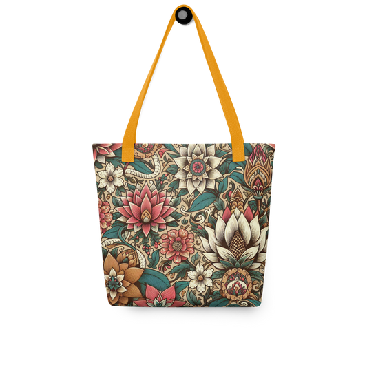 All-Over Stoffbeutel mit Vintage Blumenmuster und orangen Henkel