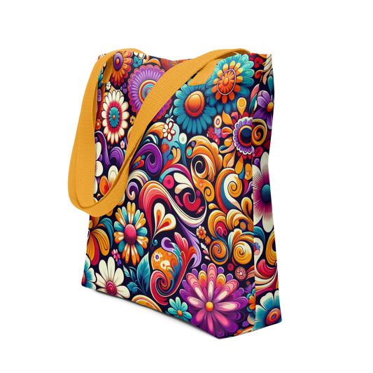 All-Over Beutel mit buntem Blumenmuster bedruckt und orangen Henkeln, Seitenansicht