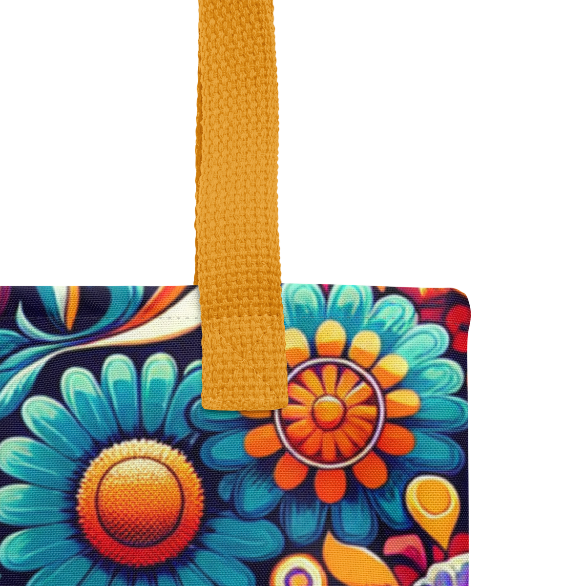 All-Over Beutel mit buntem Blumenmuster bedruckt und orangen Henkeln, Nahaufnahme